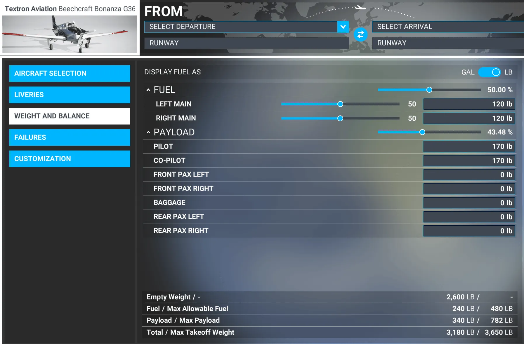 MSFS weight and balance screen